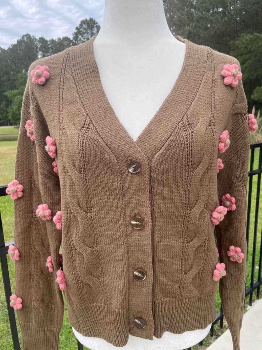 Storia Brown Cable Knit Cardigan with Pink 3D Embroidered Flower Accents - Picture 9 of 11